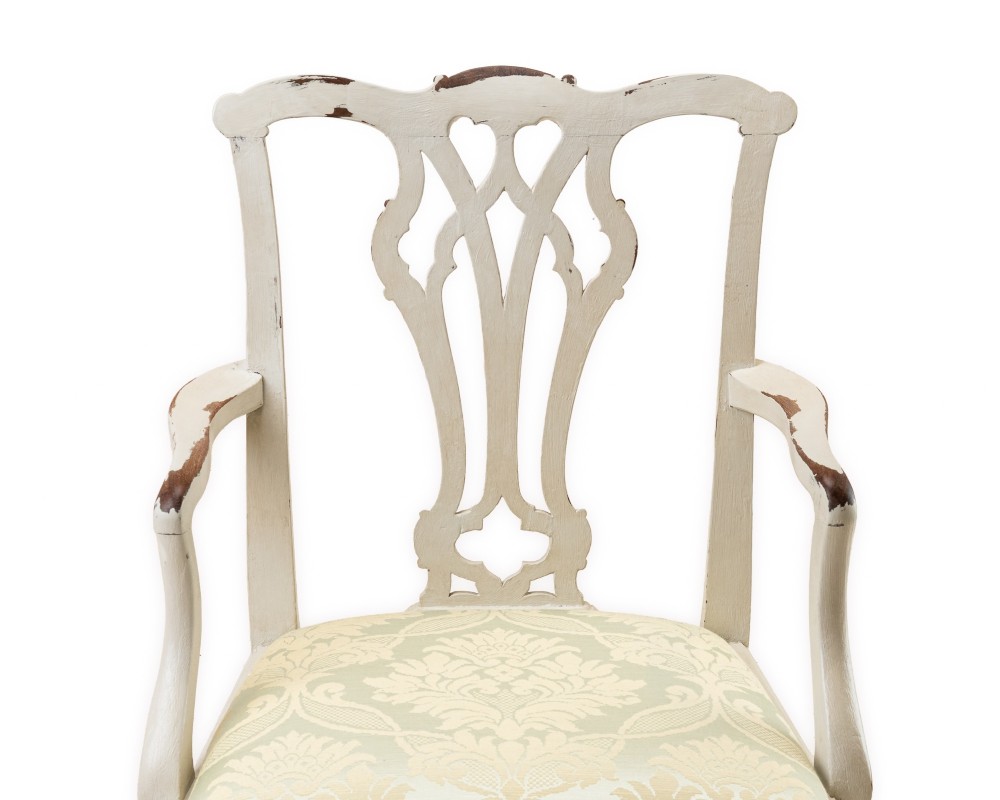 A Georgian Chippendale style armchair featuring an off-white painted finish with visible distressing, a pierced back splat, and a patterned fabric seat. View III