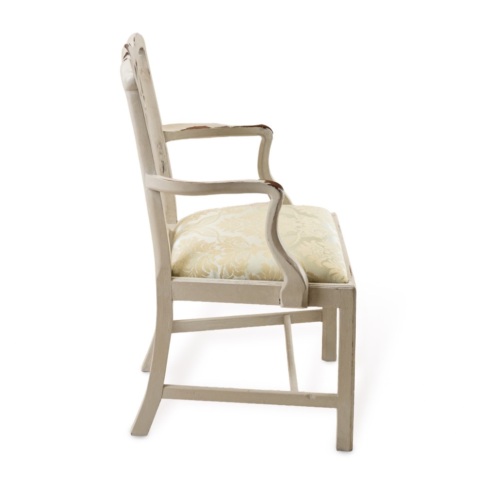 A Georgian Chippendale style armchair featuring an off-white painted finish with visible distressing, a pierced back splat, and a patterned fabric seat. View V