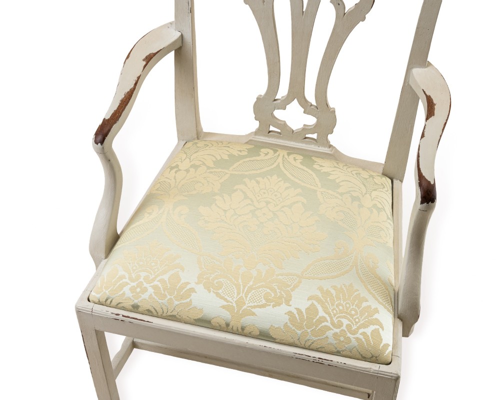 A Georgian Chippendale style armchair featuring an off-white painted finish with visible distressing, a pierced back splat, and a patterned fabric seat. View VI