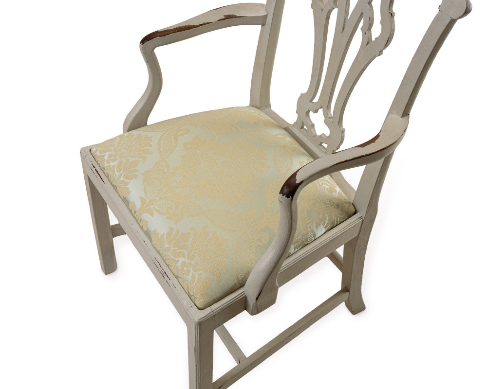 A Georgian Chippendale style armchair featuring an off-white painted finish with visible distressing, a pierced back splat, and a patterned fabric seat. View VII