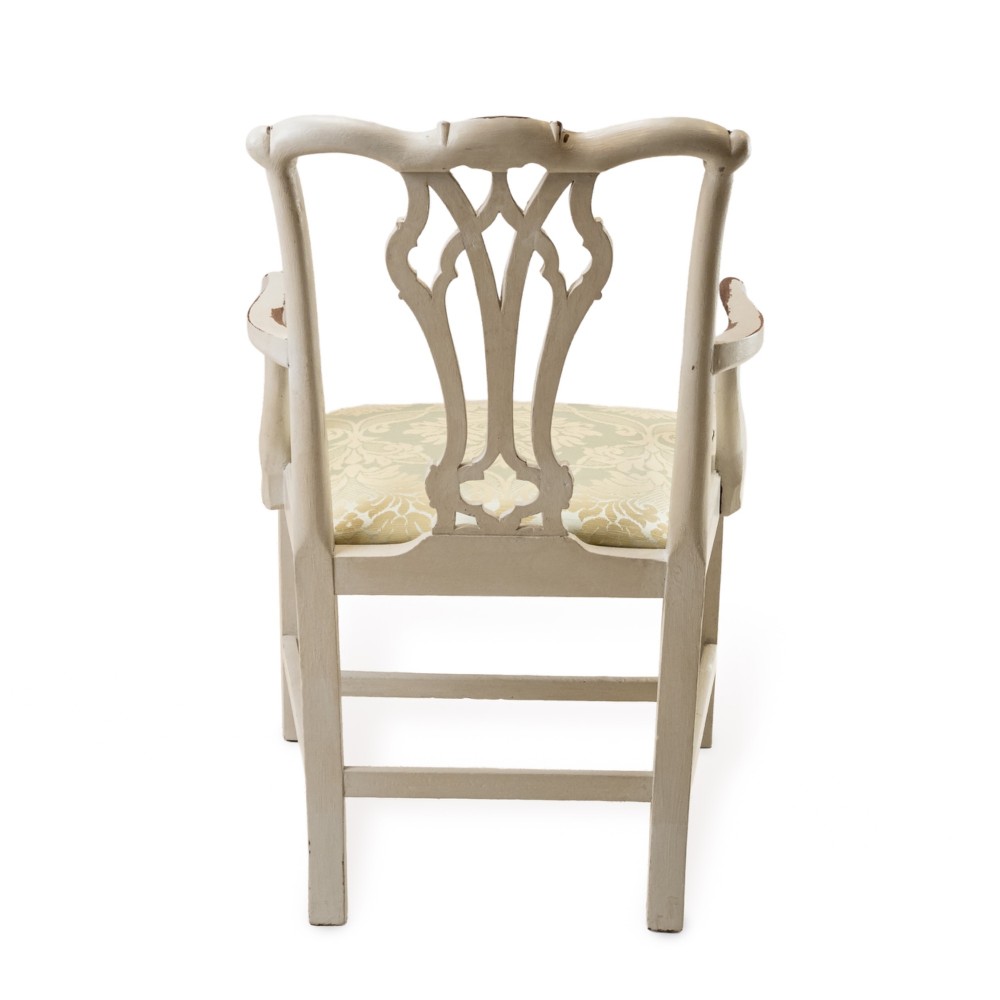 A Georgian Chippendale style armchair featuring an off-white painted finish with visible distressing, a pierced back splat, and a patterned fabric seat. View VIII