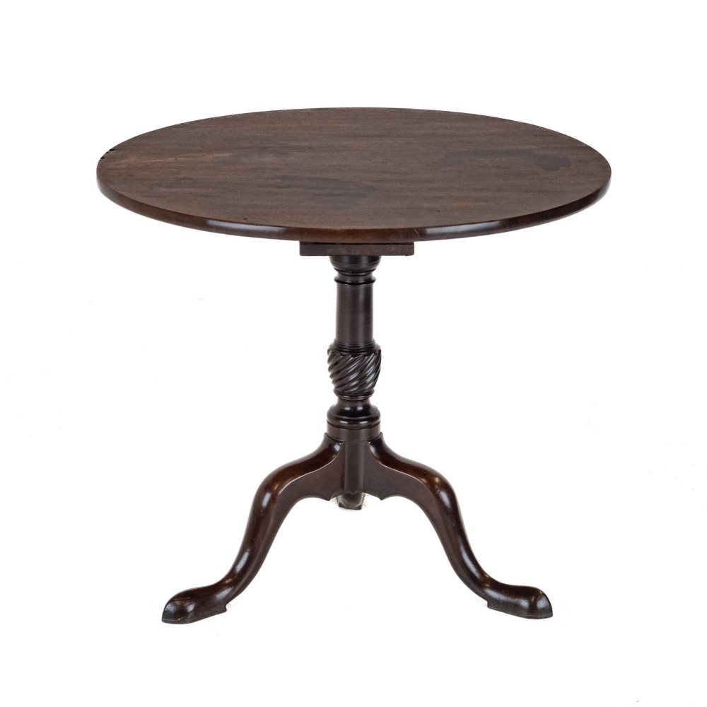 An 18th-century dark mahogany wine table with a round top, spiral-turned central column, and a tripod base with pad feet. View IV