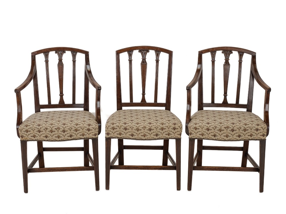 Set of six Georgian mahogany dining chairs in Sheraton style, including four side chairs and two open armchairs, with pattern upholstered seats. View VI