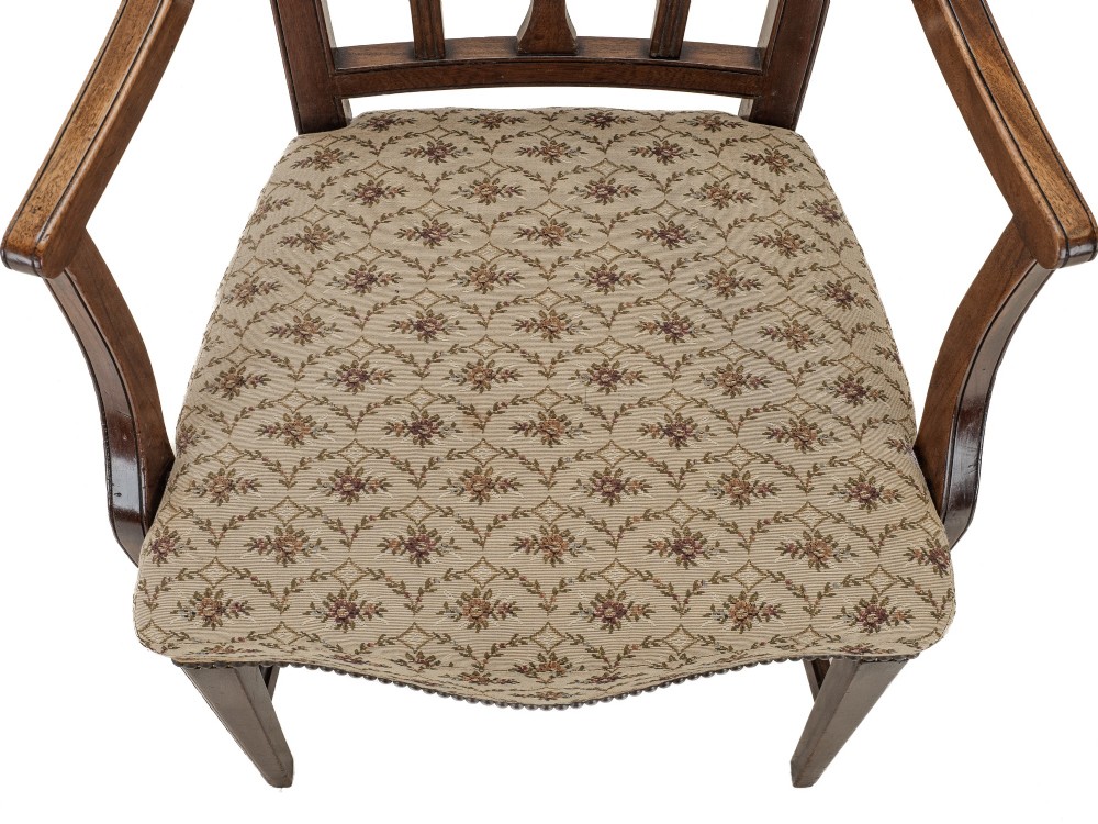Set of six Georgian mahogany dining chairs in Sheraton style, including four side chairs and two open armchairs, with pattern upholstered seats. View XIII
