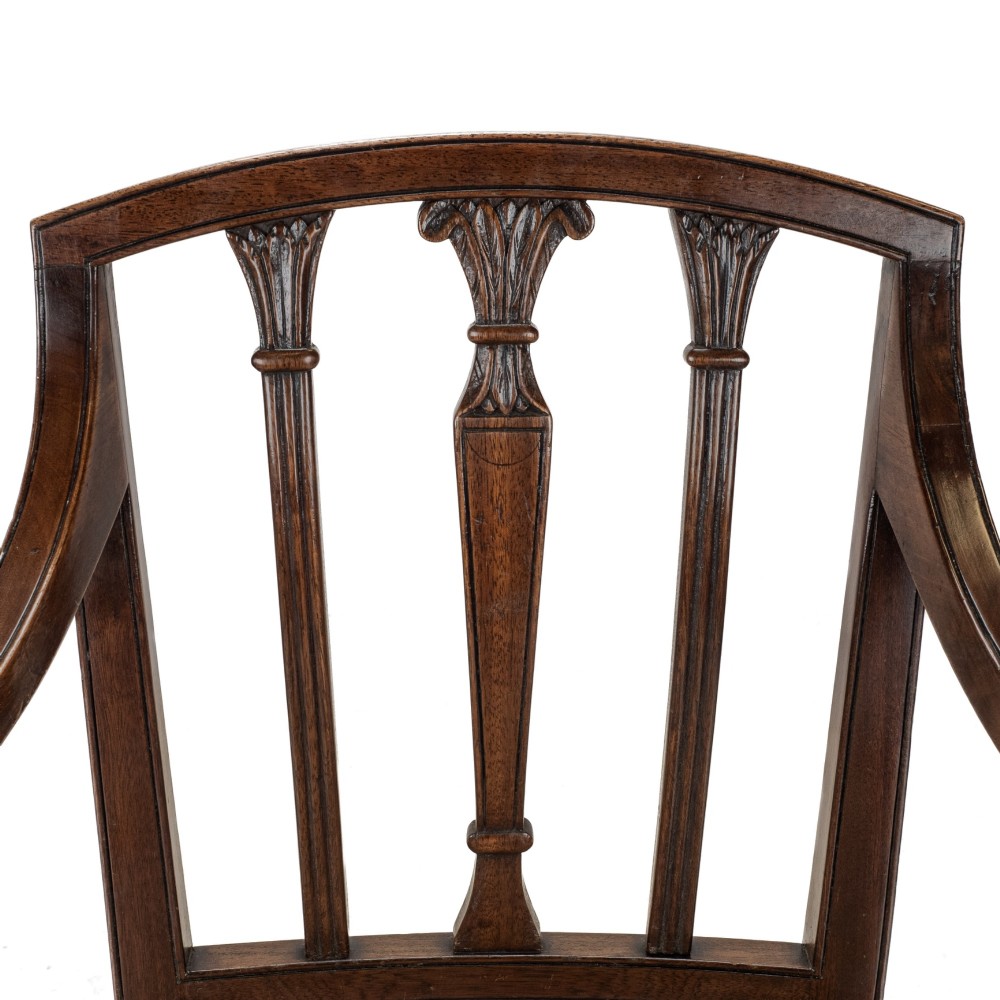 Set of six Georgian mahogany dining chairs in Sheraton style, including four side chairs and two open armchairs, with pattern upholstered seats. View XIV