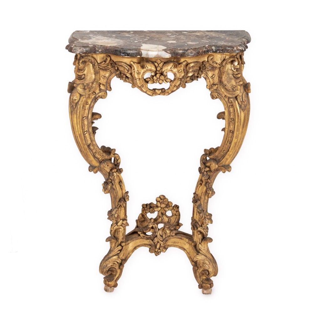 Fine English Mid 19th Century Rococo Revival Giltwood Console Table with Breccia Marble Top, c.1840–1860