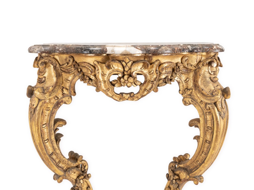 Fine English Mid 19th Century Rococo Revival Giltwood Console Table with Breccia Marble Top, c.1840–1860 View II