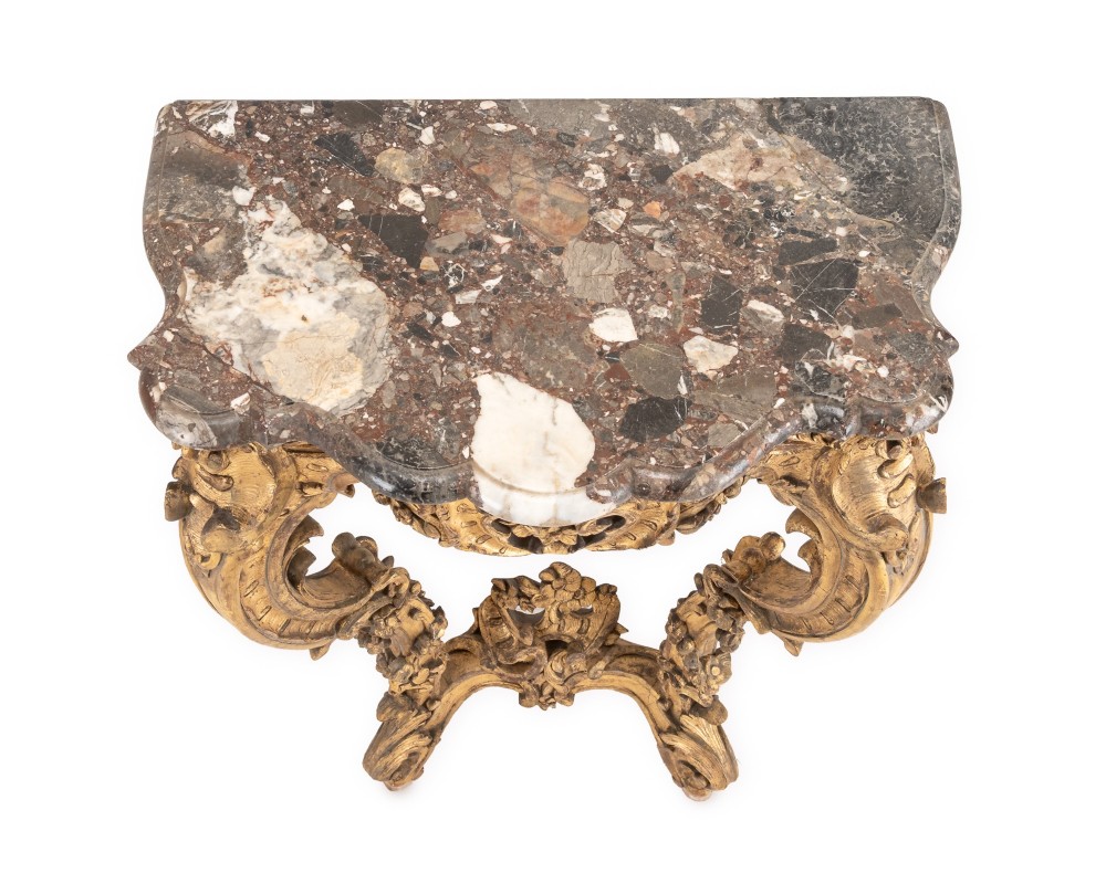 Fine English Mid 19th Century Rococo Revival Giltwood Console Table with Breccia Marble Top, c.1840–1860 View III