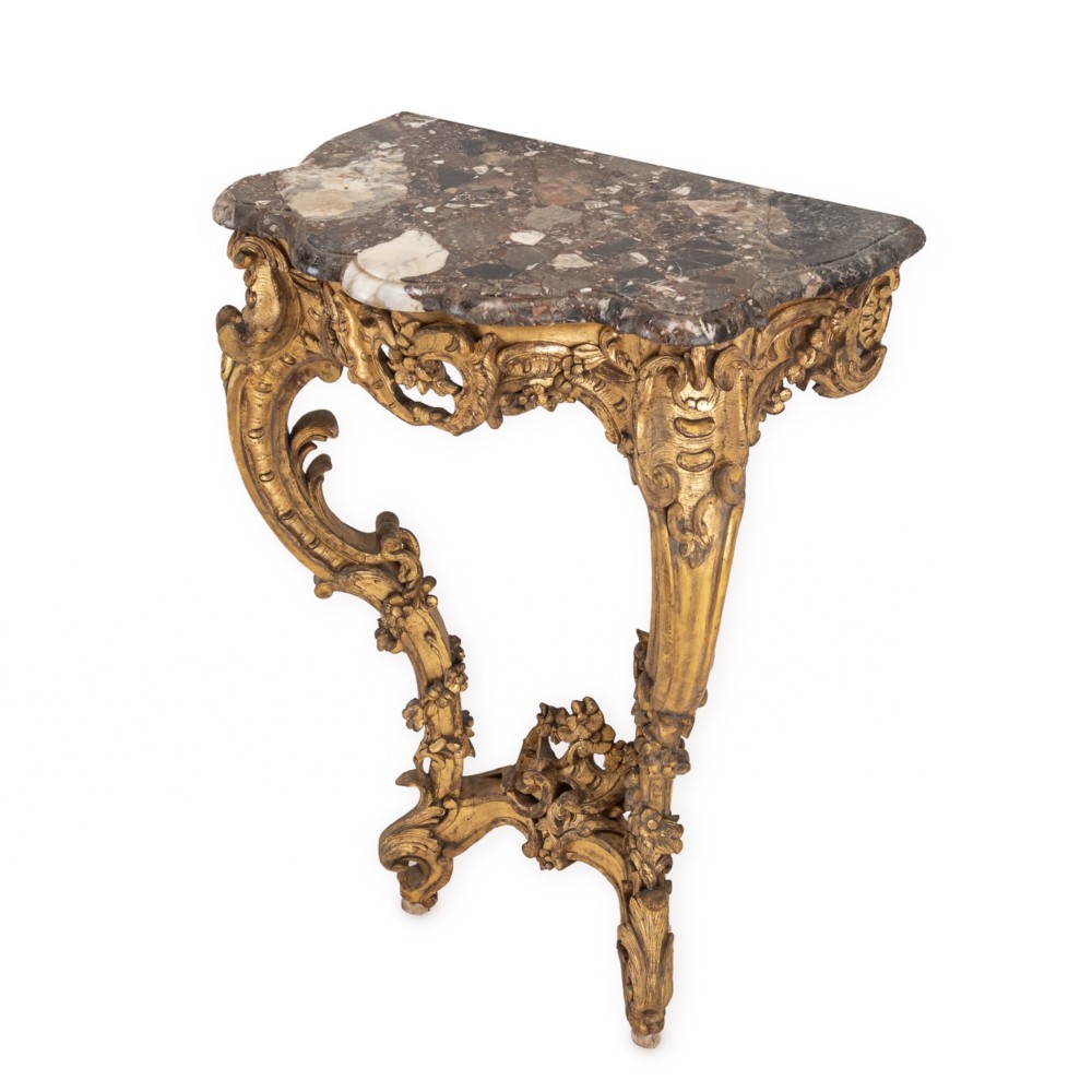 Fine English Mid 19th Century Rococo Revival Giltwood Console Table with Breccia Marble Top, c.1840–1860 View V