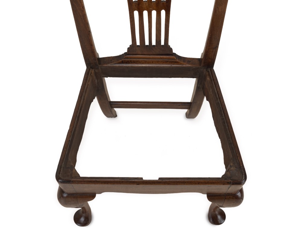A mid-18th century English walnut side chair featuring a vertical pierced splat backrest, drop-in upholstered seat, and front cabriole legs. View XII