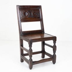 CHARLES I EARLYMID C17TH DARK OAK CARVED PANELLED BACK STOOL CHAIR CAROLEAN