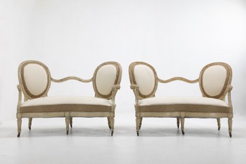 pair of french 19th century painted sofas in natural burlap cream calico fabric - CATEGORY: ANTIQUE SOFAS - DATED 19TH CENTURY