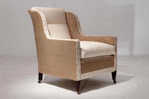 19th century english mahogany armchair in natural burlap calico - CATEGORY: ANTIQUE CHAIRS - DATED 19TH CENTURY