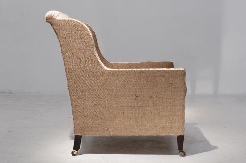 19TH CENTURY ENGLISH MAHOGANY ARMCHAIR IN NATURAL BURLAP CALICO - ADDITIONAL PHOTO 1