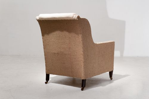 19TH CENTURY ENGLISH MAHOGANY ARMCHAIR IN NATURAL BURLAP CALICO - ADDITIONAL PHOTO 2
