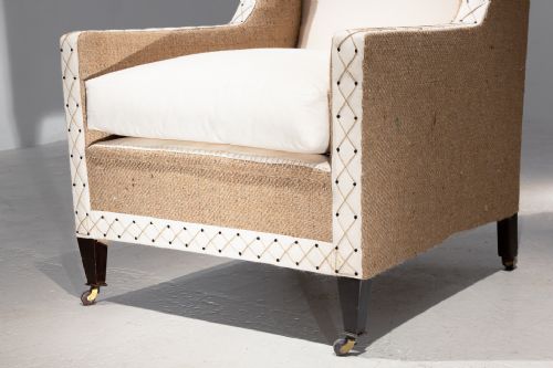 19TH CENTURY ENGLISH MAHOGANY ARMCHAIR IN NATURAL BURLAP CALICO - ADDITIONAL PHOTO 3