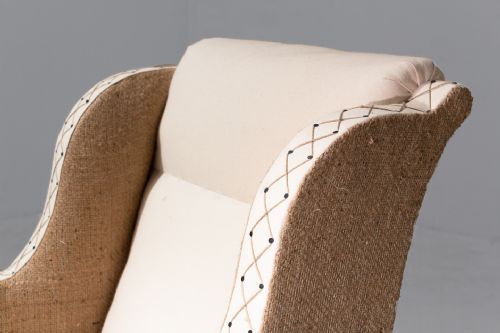 19TH CENTURY ENGLISH MAHOGANY ARMCHAIR IN NATURAL BURLAP CALICO - ADDITIONAL PHOTO 4