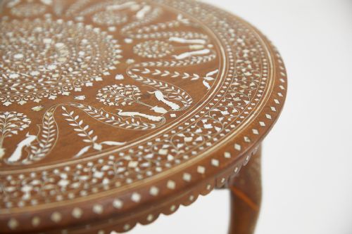 INDIAN TEAK AND BONE INLAID OCCASIONAL TABLE - ADDITIONAL PHOTO 5