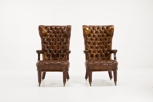 pair of large 19th century mahogany and leather library chairs - CATEGORY: ANTIQUE CHAIRS - DATED 19TH CENTURY