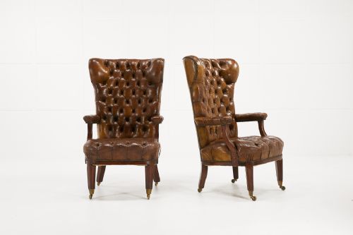 PAIR OF LARGE 19TH CENTURY MAHOGANY AND LEATHER LIBRARY CHAIRS - ADDITIONAL PHOTO 1
