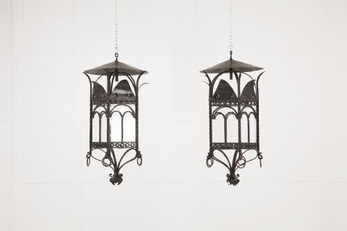 large pair of interesting french 1940's wrought iron lanterns - CATEGORY: ANTIQUE LIGHTING - DATED 1940