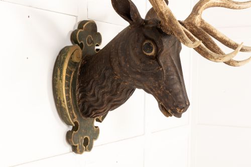 LARGE SCALE 19TH CENTURY CARVED WOOD STAGS HEAD - ADDITIONAL PHOTO 1