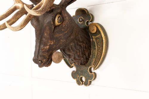 LARGE SCALE 19TH CENTURY CARVED WOOD STAGS HEAD - ADDITIONAL PHOTO 2