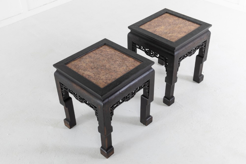 Pair of Ebonised Chinese Side Tables with Marble Tops