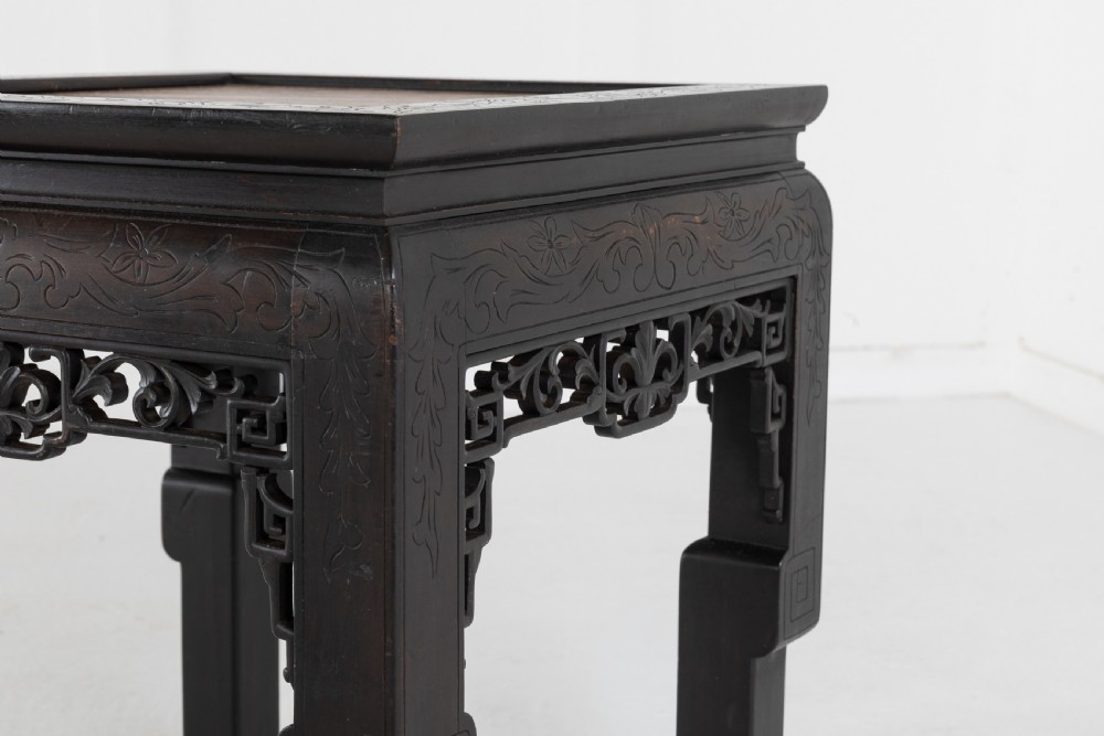 Pair of Ebonised Chinese Side Tables with Marble Tops View IV