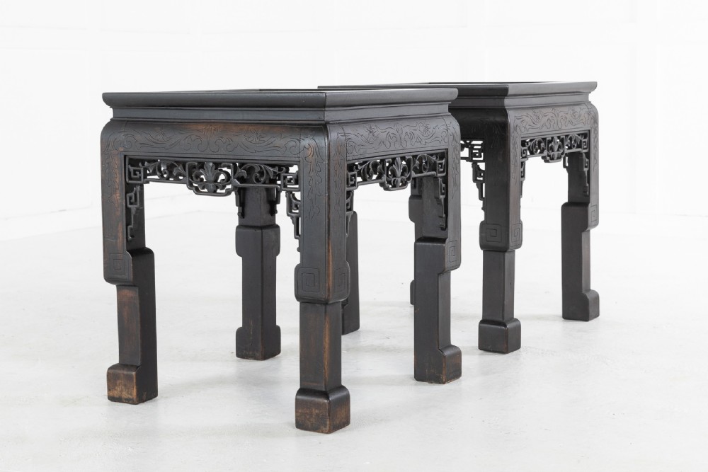 Pair of Ebonised Chinese Side Tables with Marble Tops View V
