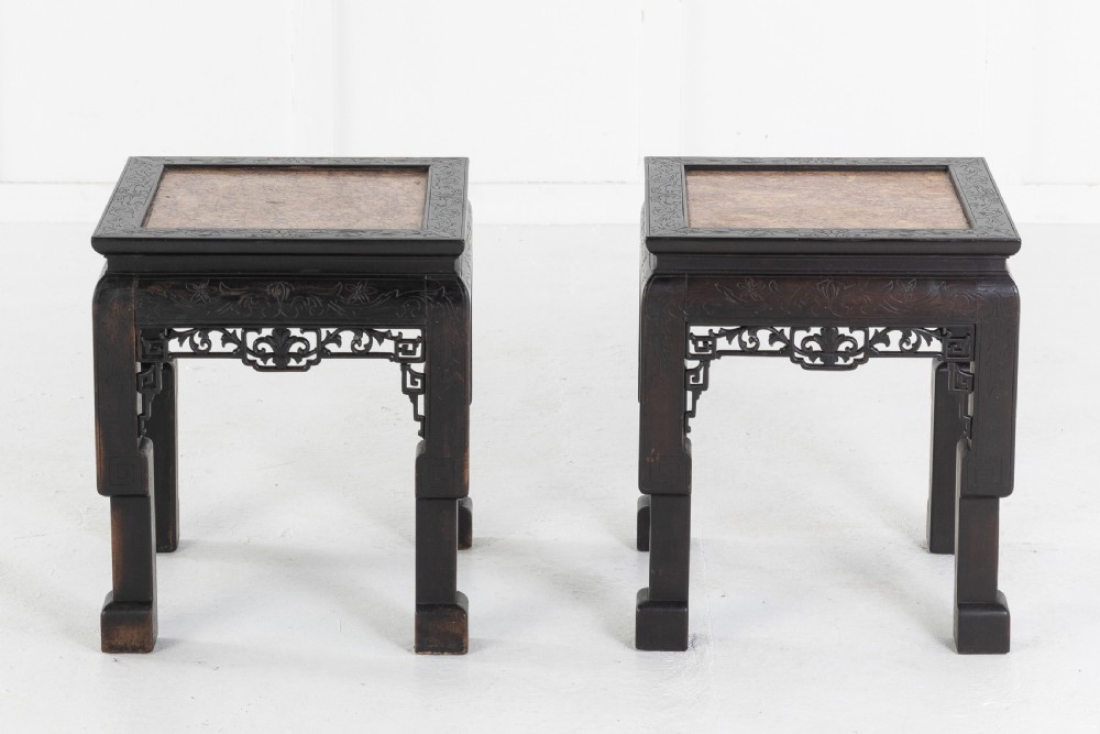 Pair of Ebonised Chinese Side Tables with Marble Tops View VIII