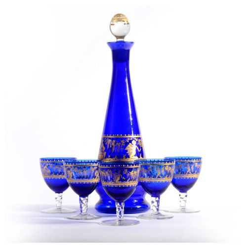 19th Century Venetian Blue Glass Bottle and Four Glasses