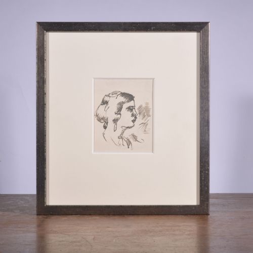 fig 1. A monochrome ink drawing on cream paper depicting the profile study of a woman with stylized hair and an earring.