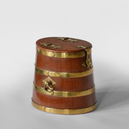 MINIATURE GEORGIAN BRASS BOUND COOPERED NAVAL RUM BARREL