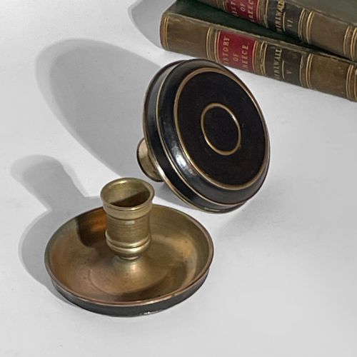 19th Century Leather Cased Brass Travelling Candlesticks, or 'Brighton Buns’