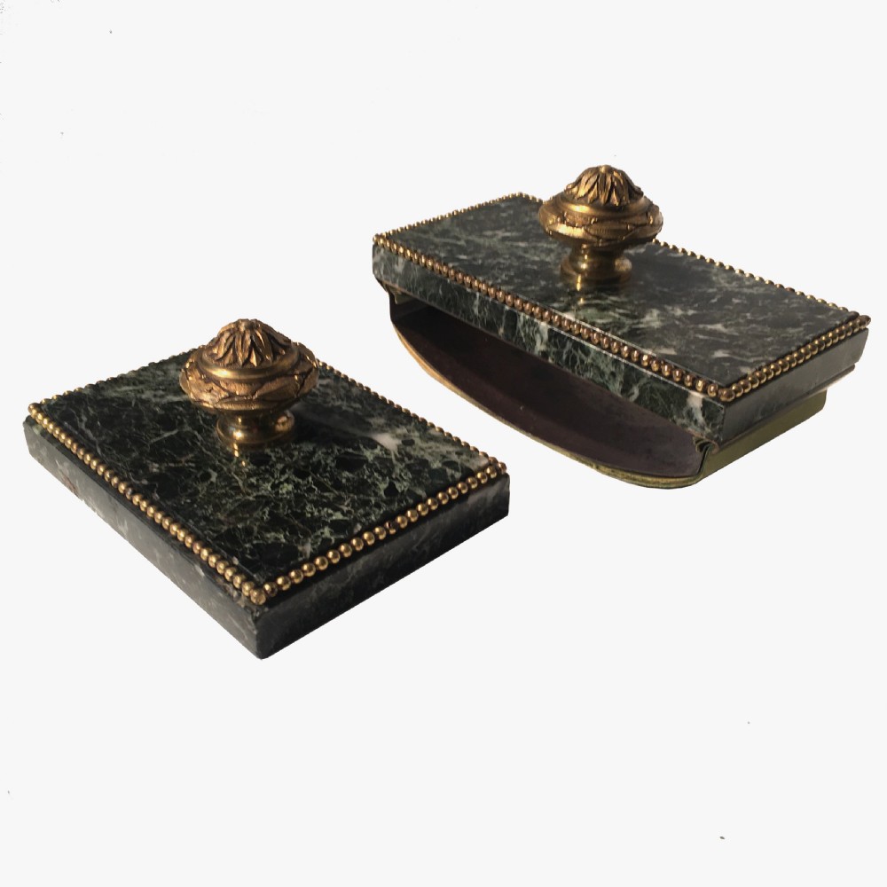 A three-piece antique French green marble desk set with gilt ormolu mounts, comprising a dual-inkwell stand, a rocker blotter, and a matching lidded box. View III