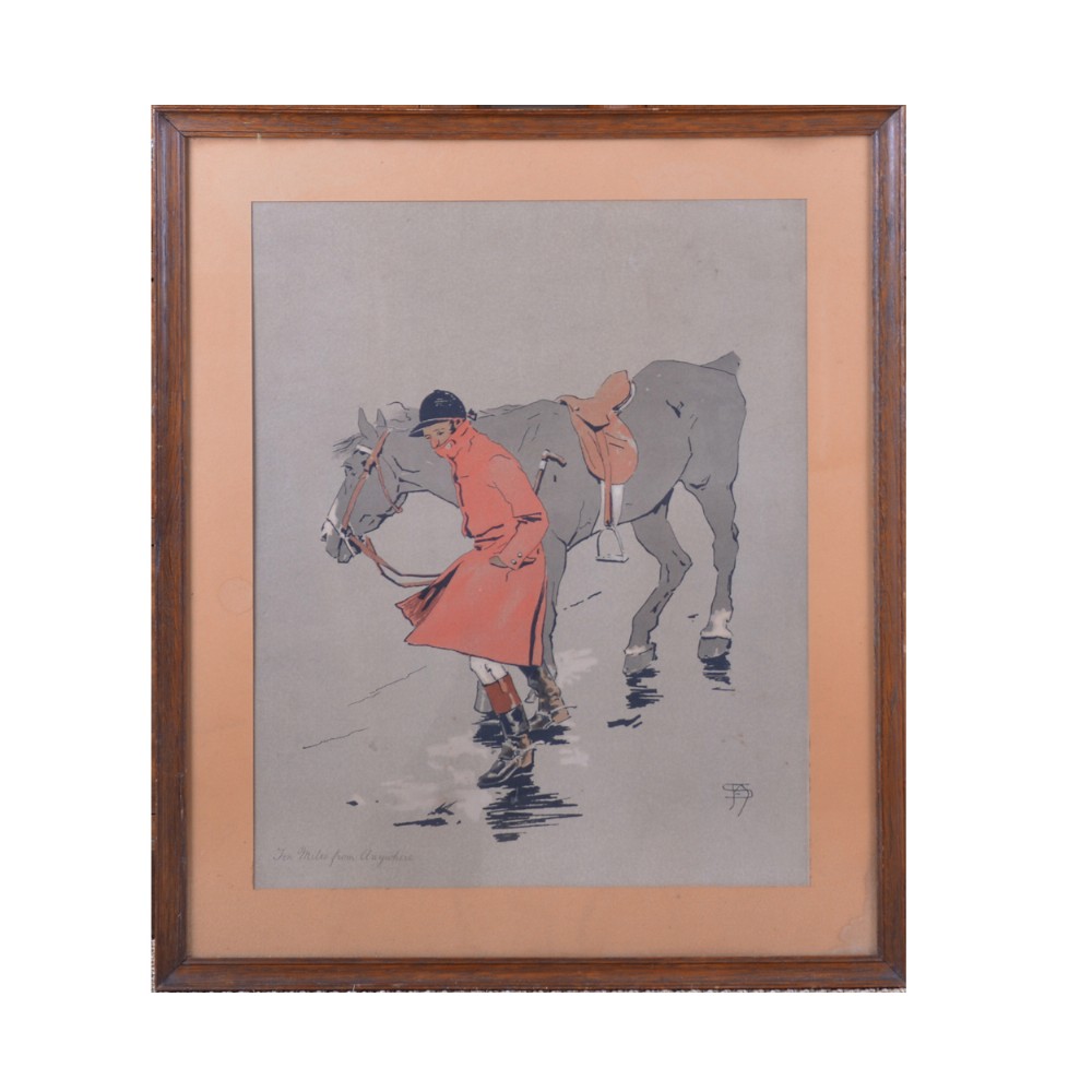 A framed chromolithograph print depicting a rider in a red coat leading a grey horse across a wet ground.