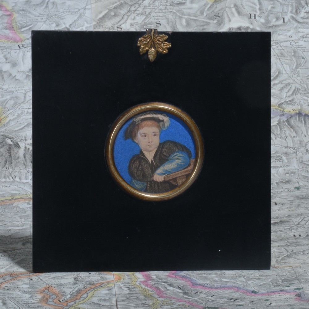 A pair of square ebonised framed portrait miniatures featuring Tudor figures in oval gilt bezels topped with brass acorn hangers. View III