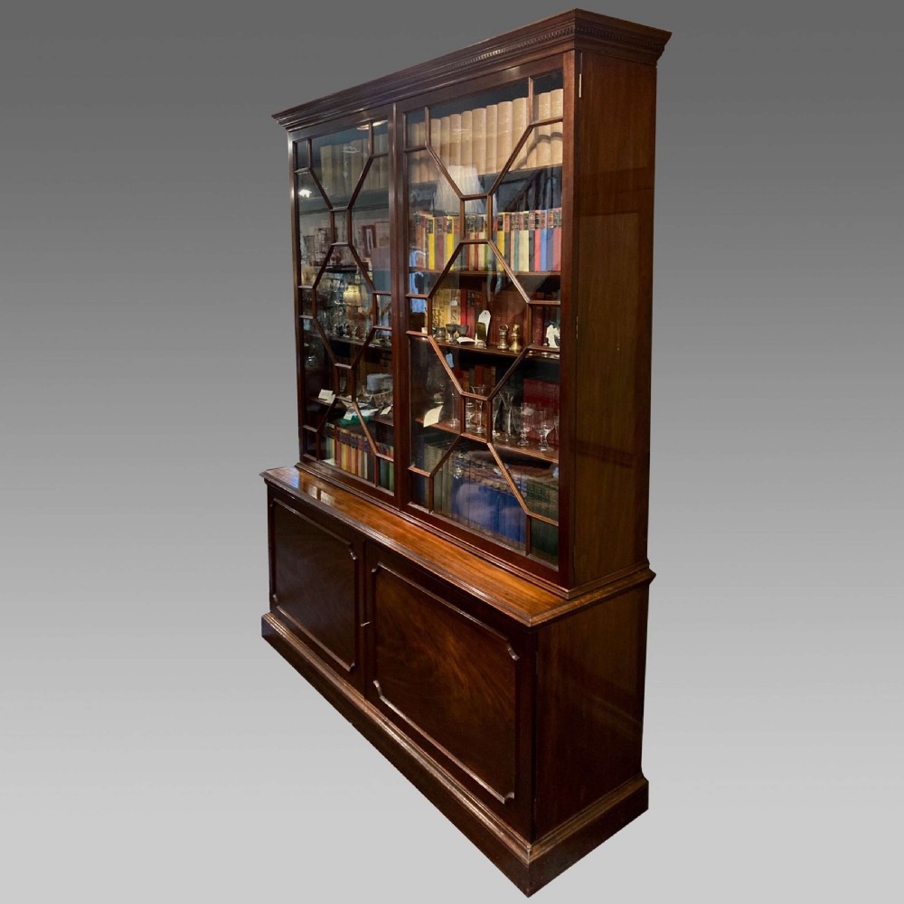 A tall Georgian mahogany bookcase with two astragal glazed upper doors and a panelled twin-door base. View IX