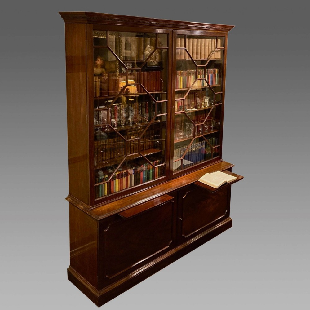 A tall Georgian mahogany bookcase with two astragal glazed upper doors and a panelled twin-door base. View XIII