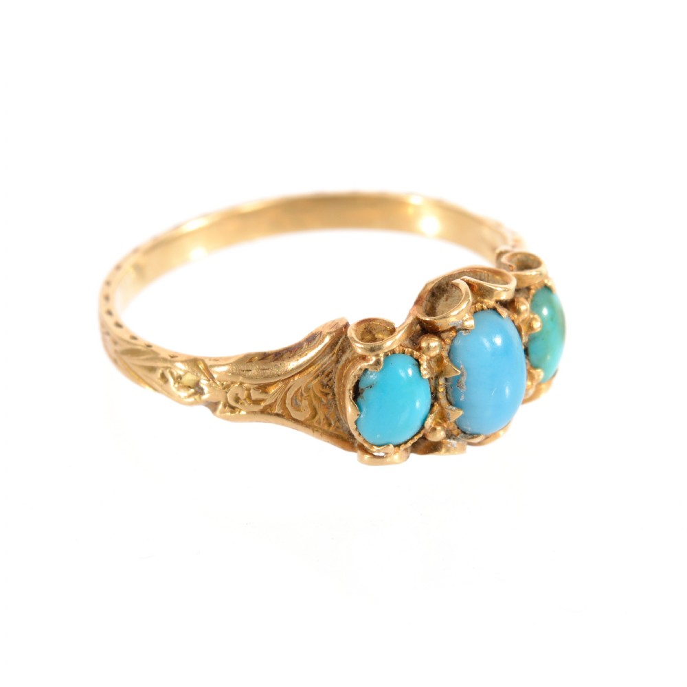 A Victorian yellow gold ring set with three oval cabochon turquoise gemstones featuring scrollwork shoulders. View III