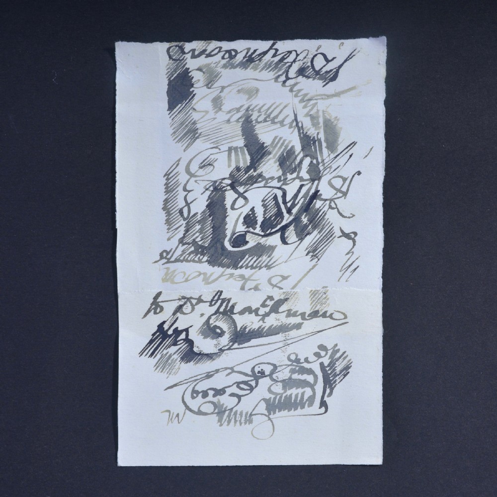A monochrome ink drawing on cream paper depicting the profile study of a woman with stylized hair and an earring. View III