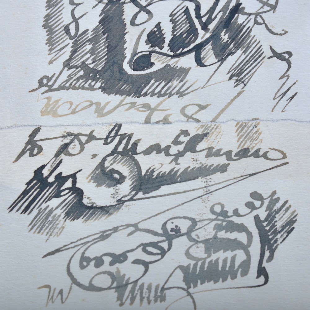 A monochrome ink drawing on cream paper depicting the profile study of a woman with stylized hair and an earring. View IV