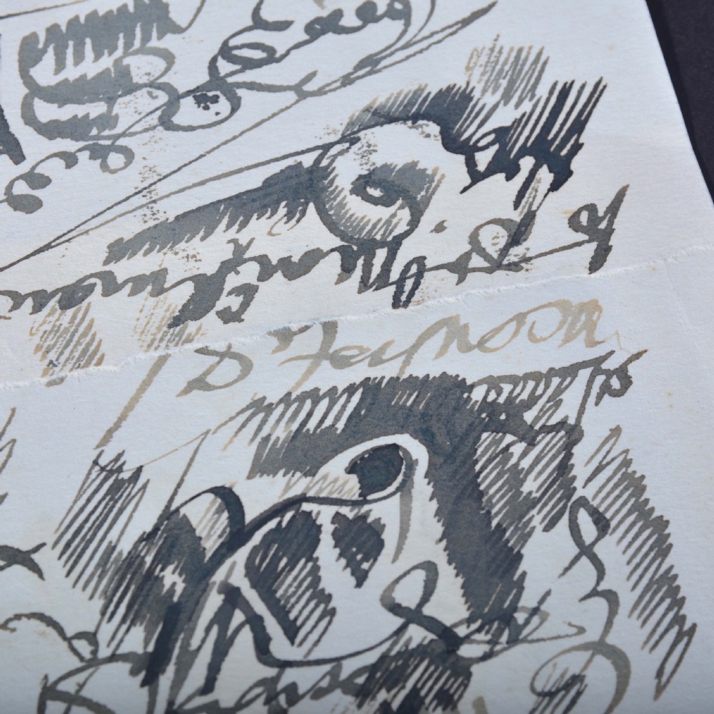 A monochrome ink drawing on cream paper depicting the profile study of a woman with stylized hair and an earring. View V