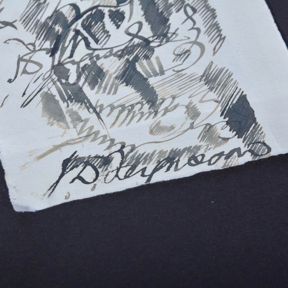 A monochrome ink drawing on cream paper depicting the profile study of a woman with stylized hair and an earring. View VI