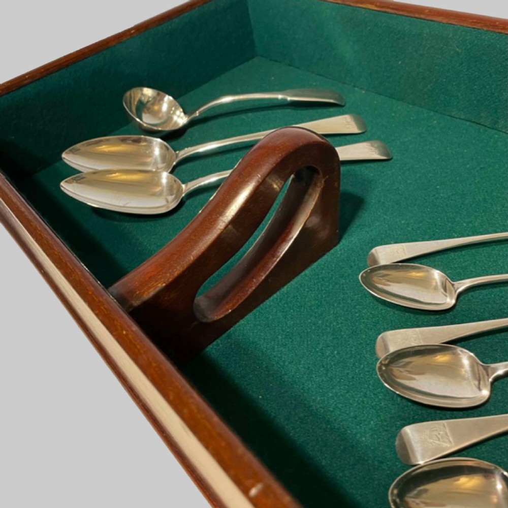 A rectangular Georgian mahogany tray lined with green baize fabric featuring a central cutout carrying handle and hand-cut dovetail joints. View IV