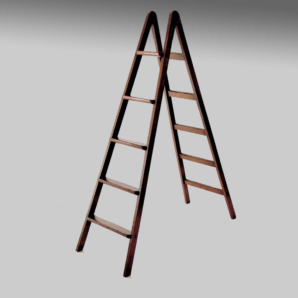 A tall dark oak Georgian A-frame library ladder with six open steps standing against a plain background.