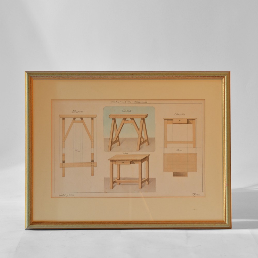 A framed technical watercolour drawing showing elevation and perspective views of wooden furniture within a moulded gilt frame.