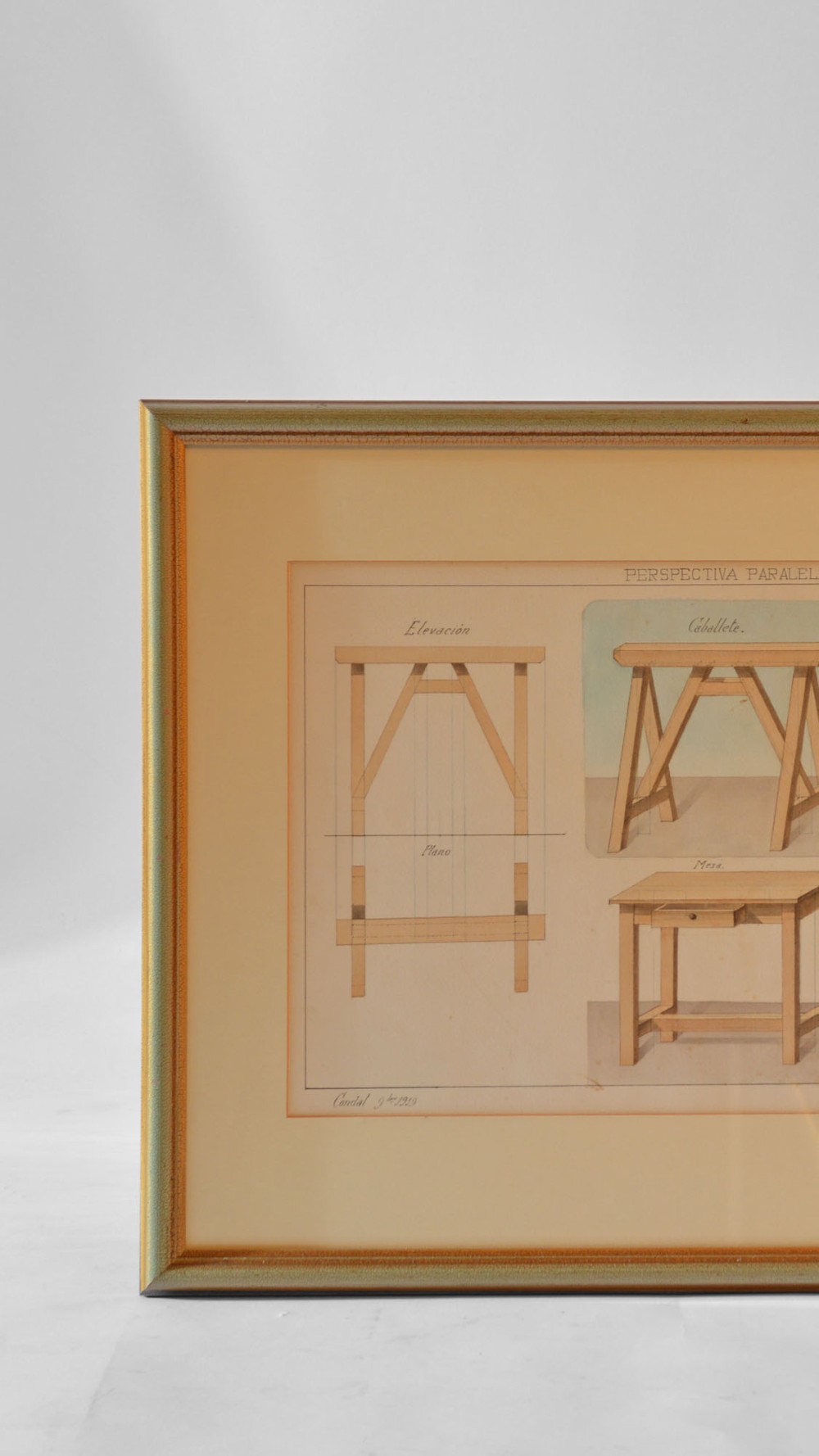 A framed technical watercolour drawing showing elevation and perspective views of wooden furniture within a moulded gilt frame. View II