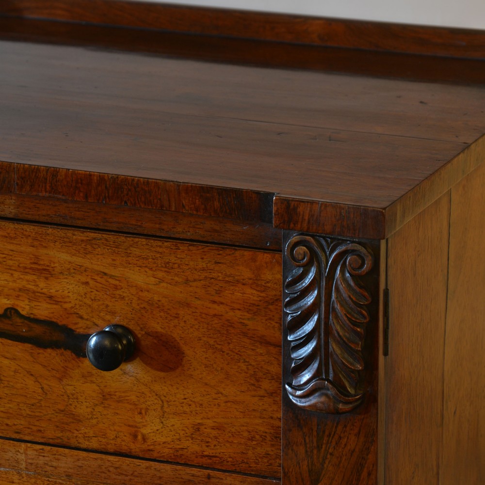 A 19th-century rosewood Wellington chest featuring six graduated drawers, turned wooden knobs, carved corbels, and a side-locking bar on a plinth base. View III